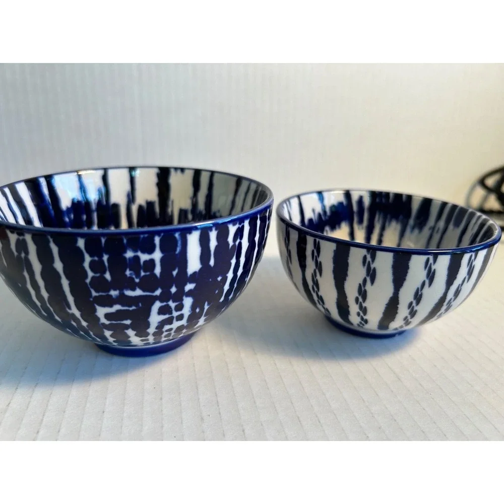 West Elm Indigo Tie Dye Bowls Set of 2 Blue White Ceramic Stoneware Decor
